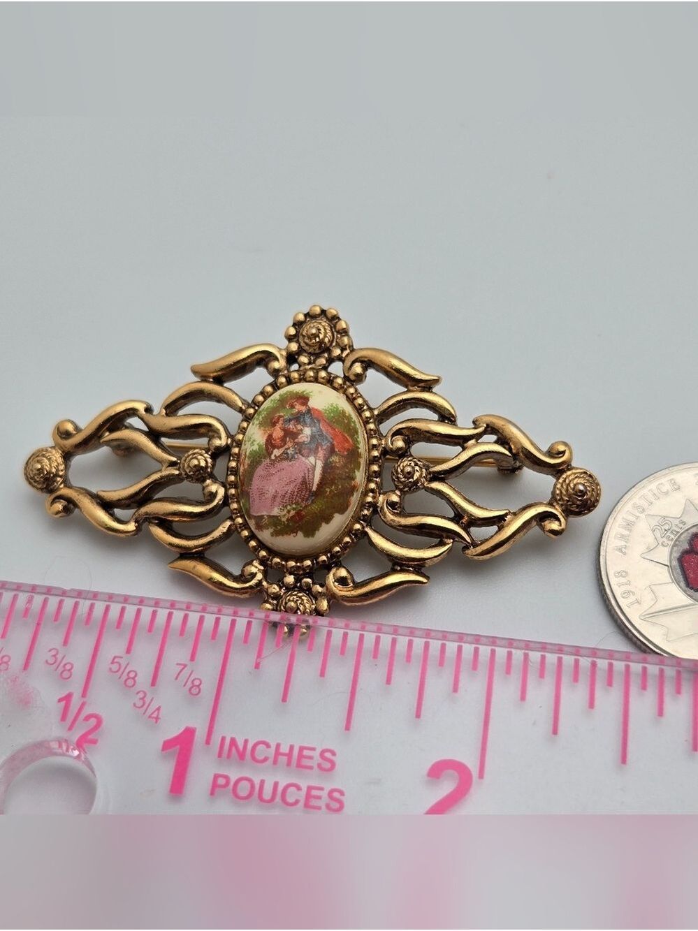 Victorian Style Cameo Bar Brooch Courting Couple Porcelain Gold Tone 2.5" - Picture 9 of 12